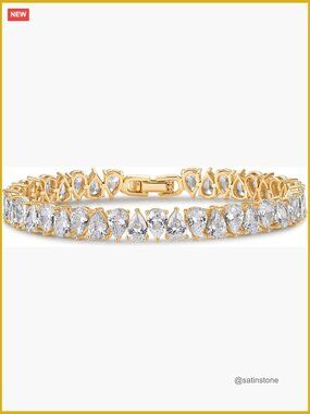 14K Gold Plated Tennis Bracelet with Pear Cubic Zirconia - Bridal CZ Bracelet